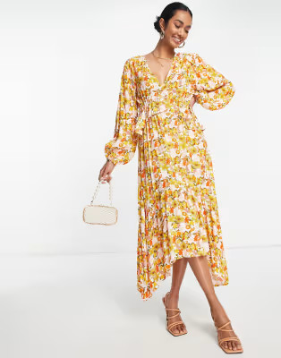 Y.A.S tie back hanky hem midi dress in yellow 70s floral | ASOS (Global)