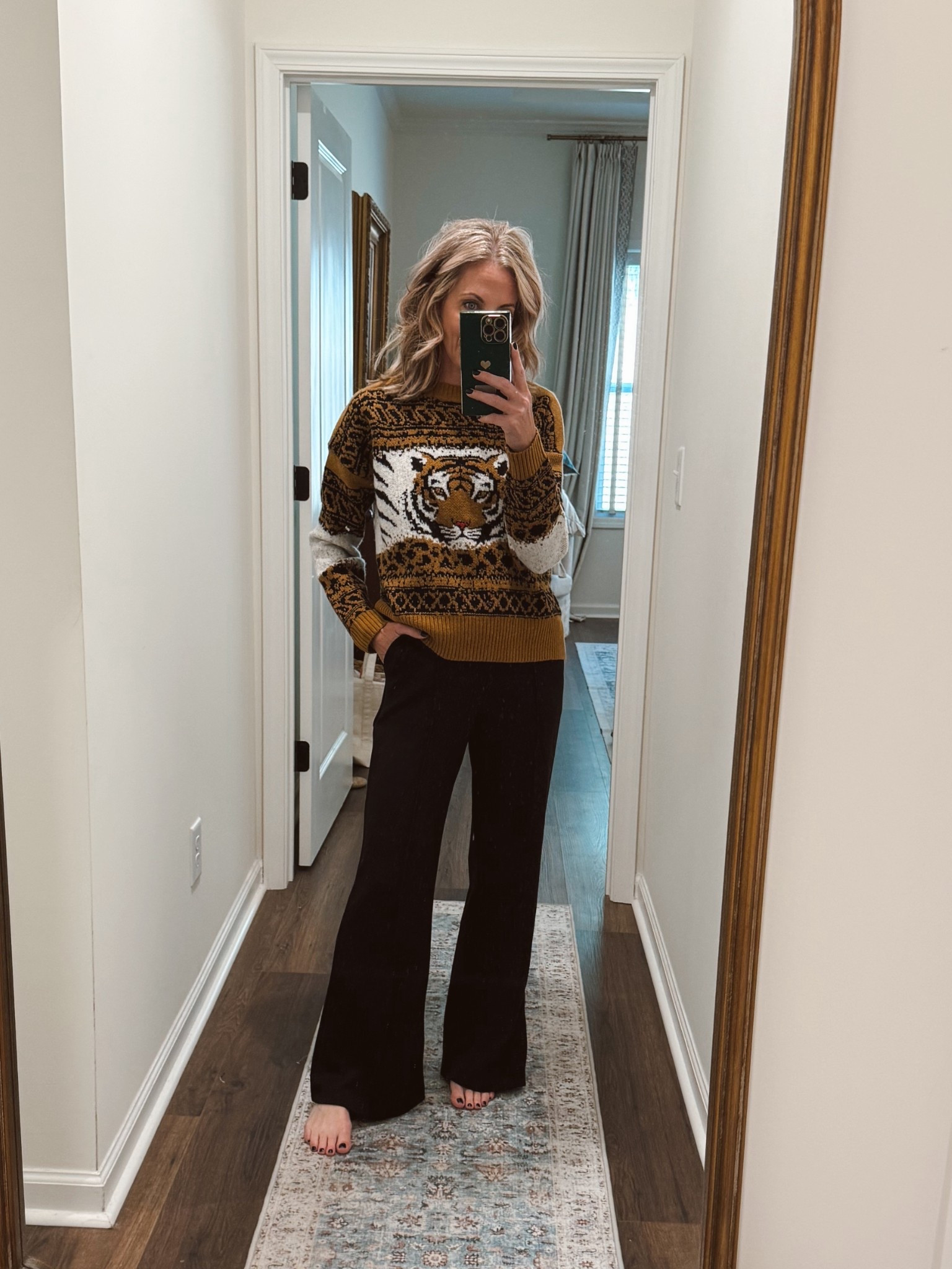 I linked up options for this sweater cause it’s not available online… However, these scuba knit pants are and they’re $21 wearing a size small  