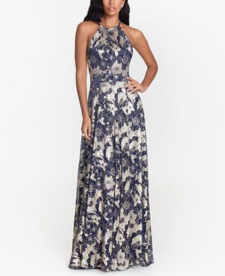 Betsy & Adam Metallic Floral Halter Gown - Macy's | Macy's