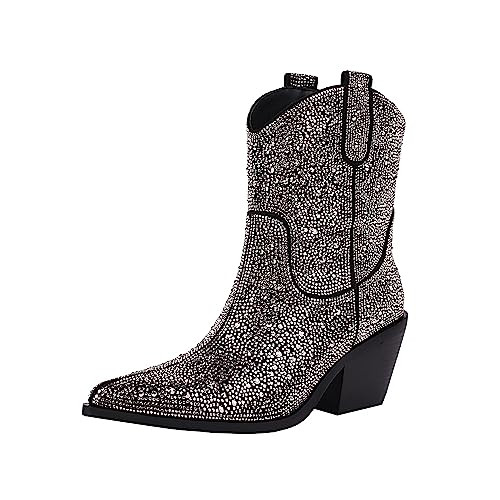 vivianly Women's Western Ankle Glitter Booties, Sparkling Diamond Boots Pointed Toe Chunky Heel Boot, Size 7 Black | Amazon (US)