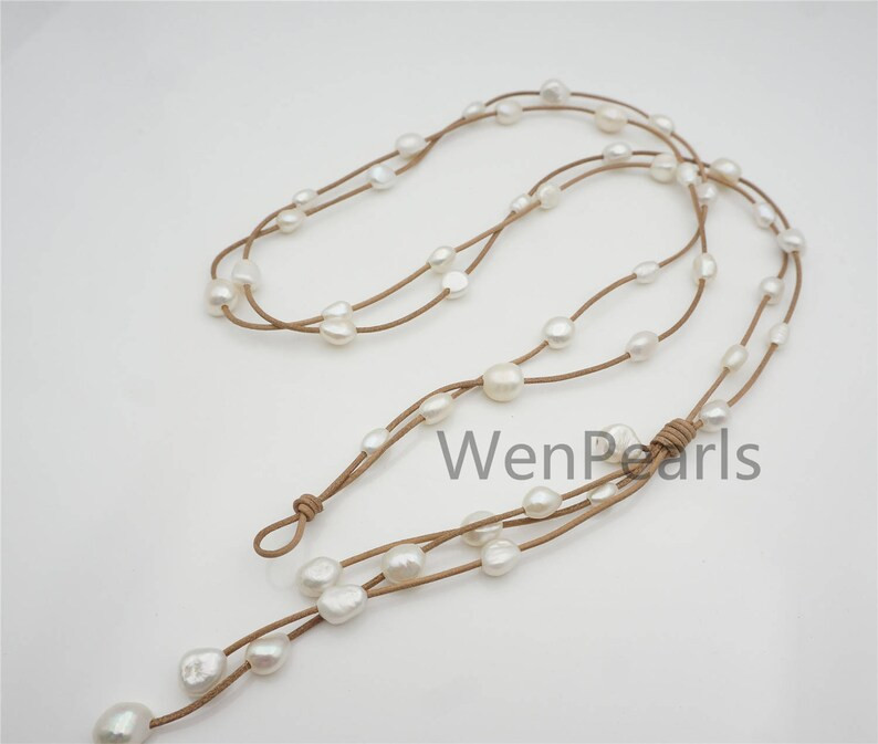 Two Rows Nugget pearl leather necklace,Long necklace,Leather Pearl necklace,Leather baroque pearl... | Etsy (US)