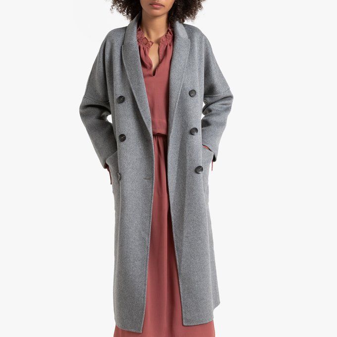 Long Double-Breasted Coat in Wool Mix with Pockets | La Redoute (UK)