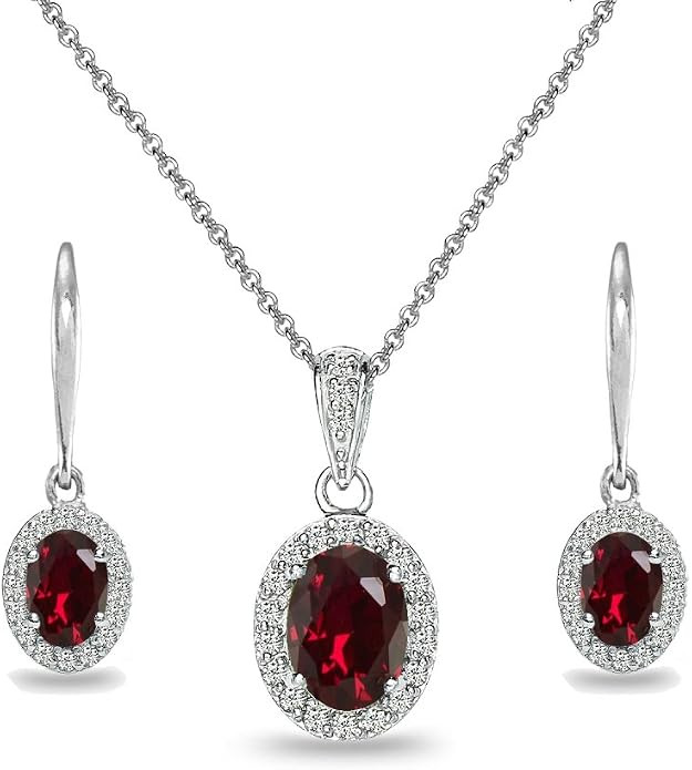 Sterling Silver Genuine, Created or Simulated OvalGemstone Halo Dangle Earrings & Necklace Jewelr... | Amazon (US)