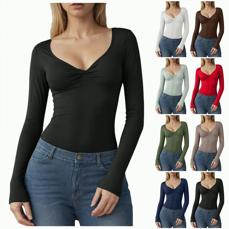 vigerkar Womens Long Sleeve Twist Front V Neck T Shirts Slim Fit Trendy Shirt Tee (Dark Green, M) | Walmart (US)