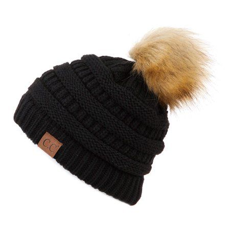 C.C Hat Unisex Solid Ribbed Beanie with Fur Pom (HAT-43) | Walmart (US)