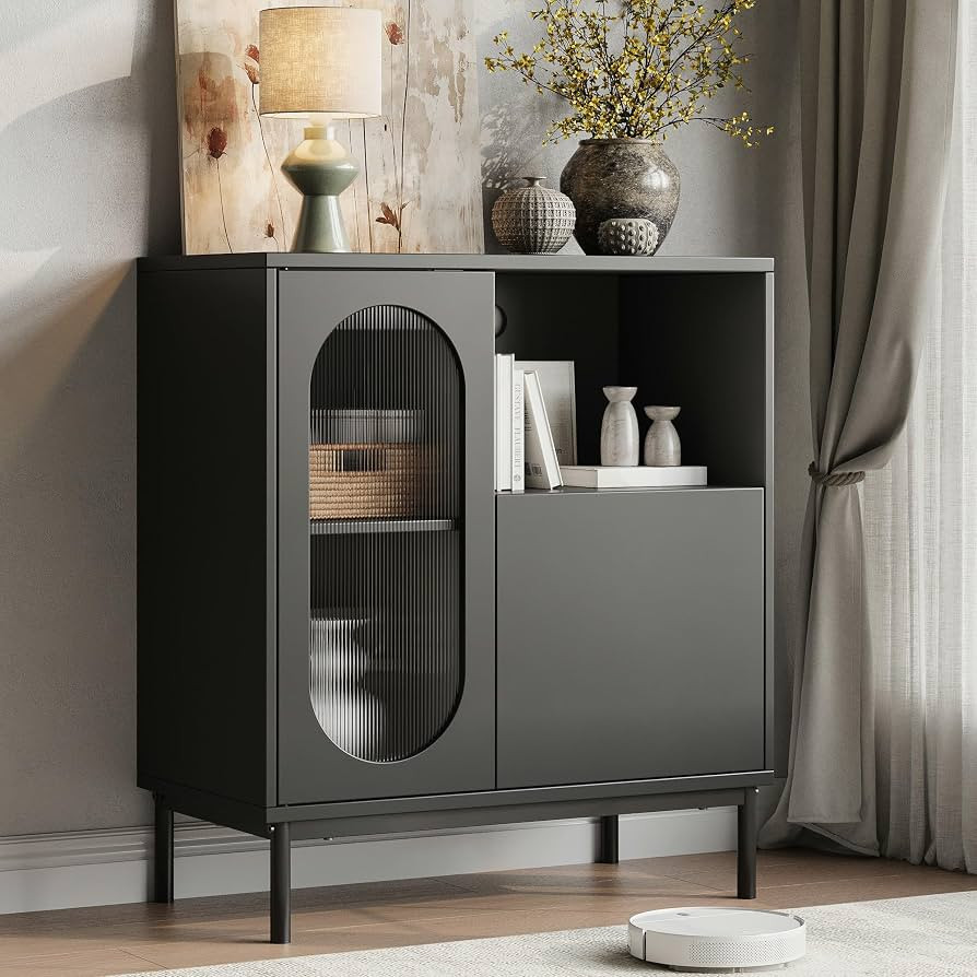 Sideboard Buffet Cabinet with Fluted Glass Doors and Adjustable Shelf, Wood Modern Accent Cabinet... | Amazon (US)
