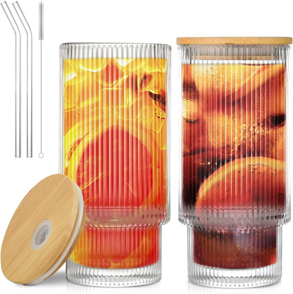16OZ Ribbed Glass Cups with Lids and Straws Vintage Glassware for Whiskey Cocktail Beer Fruit Jui... | Amazon (US)