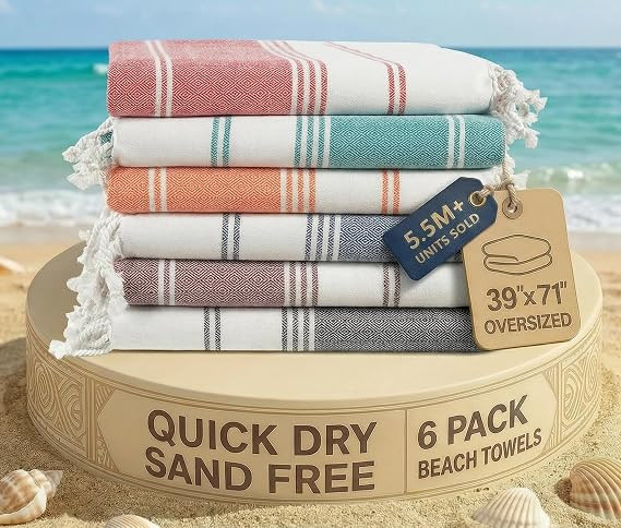 LANE LINEN 6-Pack Oversized Pre-Washed Beach Towels, Stylish Quick-Dry Pool & Travel Towels for A... | Amazon (US)