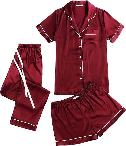 Ekouaer Silk Pajama Set for Women 3 Pcs Satin Sleepwear Short Sleeve Sleep Shirt and Long Pants w... | Amazon (US)