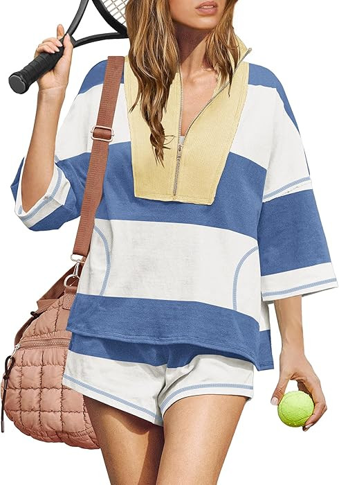 ReachMe Womens Workout Striped Short Sets 2 Piece Outfits Summer Matching Lounge Sets Top and Sho... | Amazon (US)