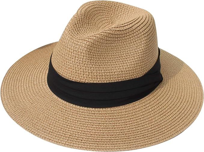 DRESHOW Women Straw Panama Hat Travel Fedora Beach Sun Hat Summer Wide Brim Straw Roll up Hat UPF... | Amazon (US)