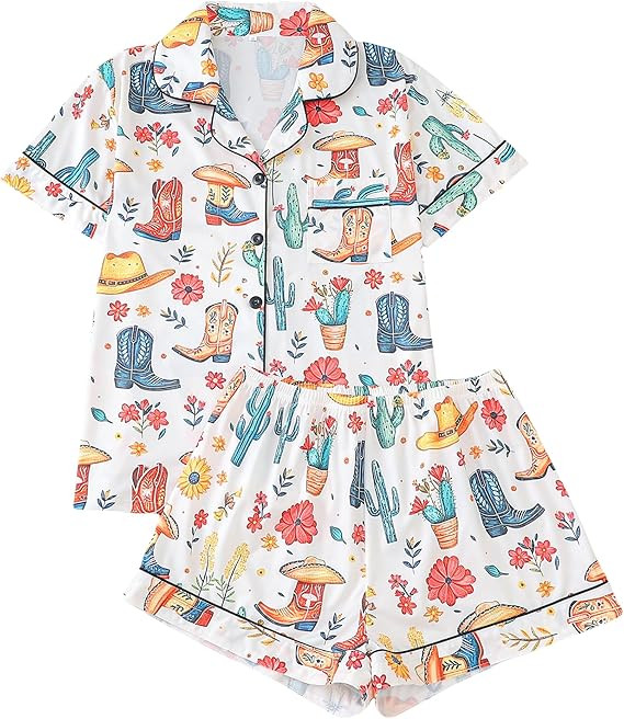Cowboy Style Pajama For Women Cowboy Hat And Boots Printed Short Sleeve with Button Pocket and Ca... | Amazon (US)