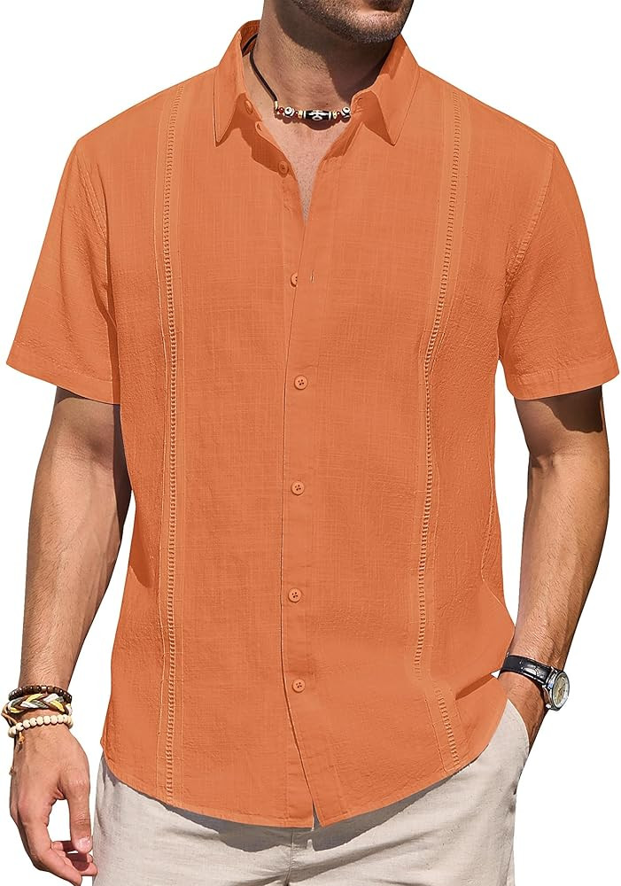 Mens Linen Shirts Short Sleeve Button Up Casual Lightweight Solid Shirt Stylish Cuban Guayabera B... | Amazon (US)