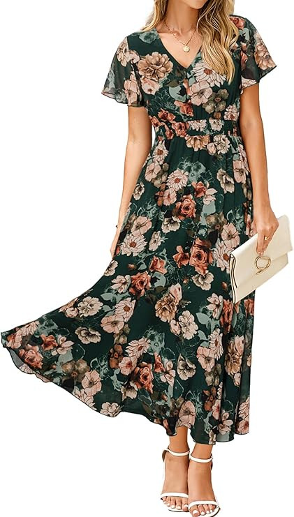 Simplee Womens Floral Maxi Dress Short Sleeve Summer Boho Wedding Guest Dress Empire Waist Chiffo... | Amazon (US)
