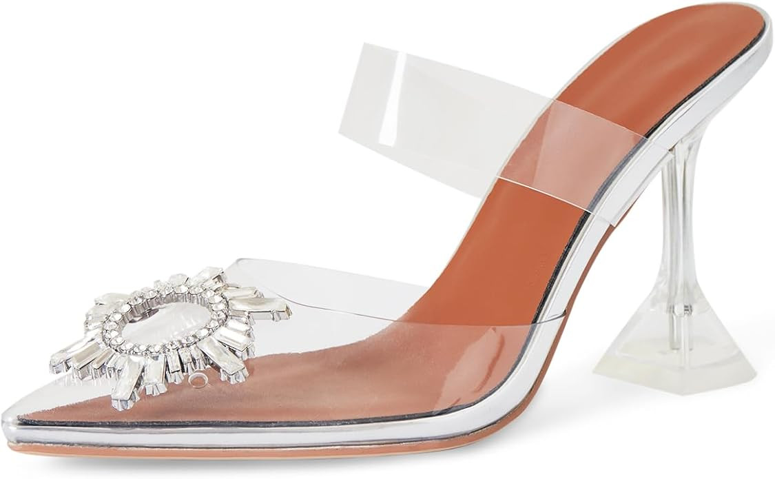 AMINUGAL Womens Slingback Clear High Heel Sandals Band Pointed Toe Triangle Heeled Rhinestones Cr... | Amazon (US)