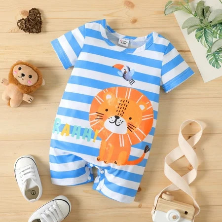 PatPat Baby Boy Cartoon Lion Print Blue Striped Short-sleeve Romper | Walmart (US)