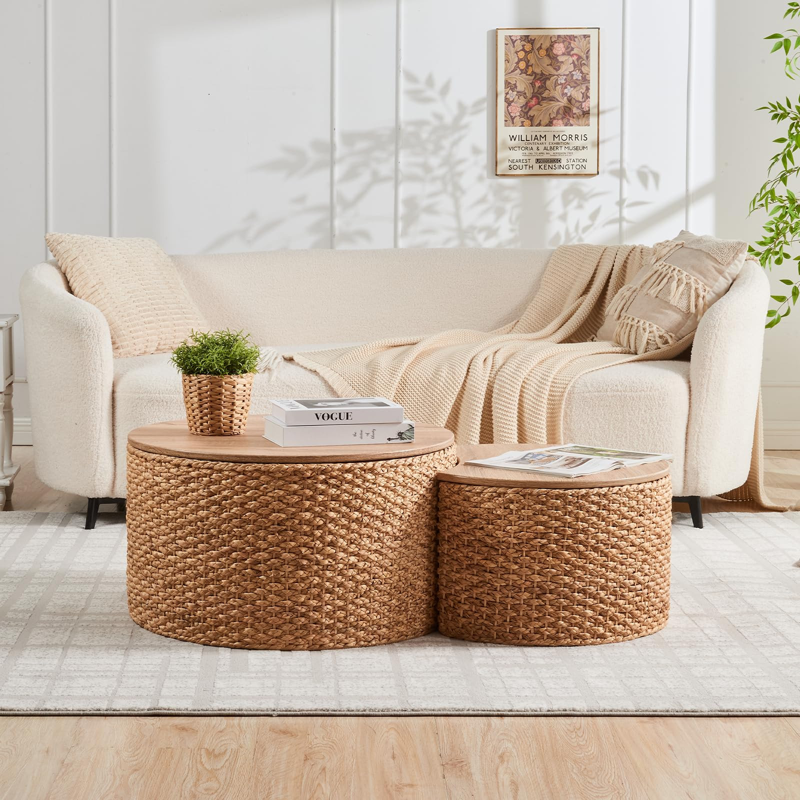 Round Nesting Coffee Table Set of 2 with Storage - Handwoven Wicker Rattan Ottoman Style, Boho Co... | Amazon (US)