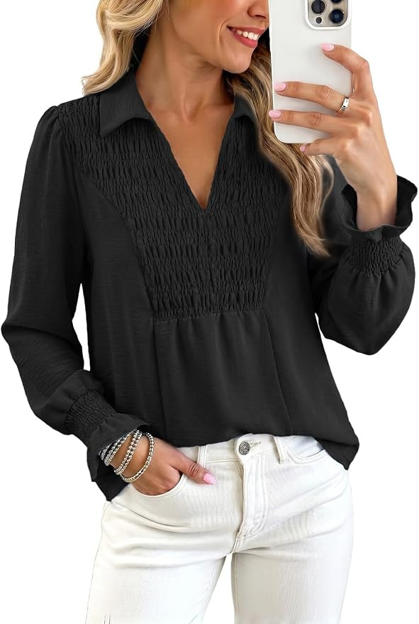 Dokotoo Womens Shirts Long Sleeve V Neck Shirred Business Casual Tops | Amazon (US)