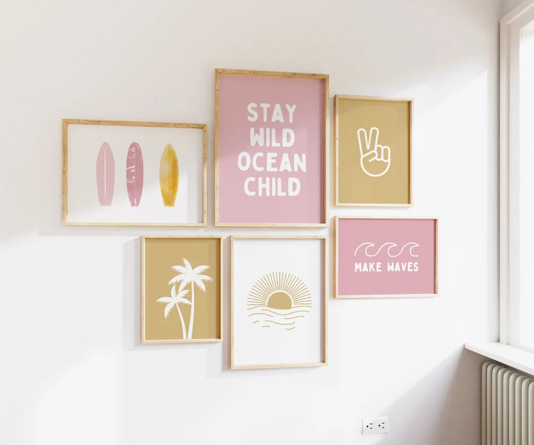 Surf Prints Girls Room, Neutral Pink Blush Boho Decor, Surfer Girl, Beachy Toddler & Kids Art. Li... | Etsy (US)