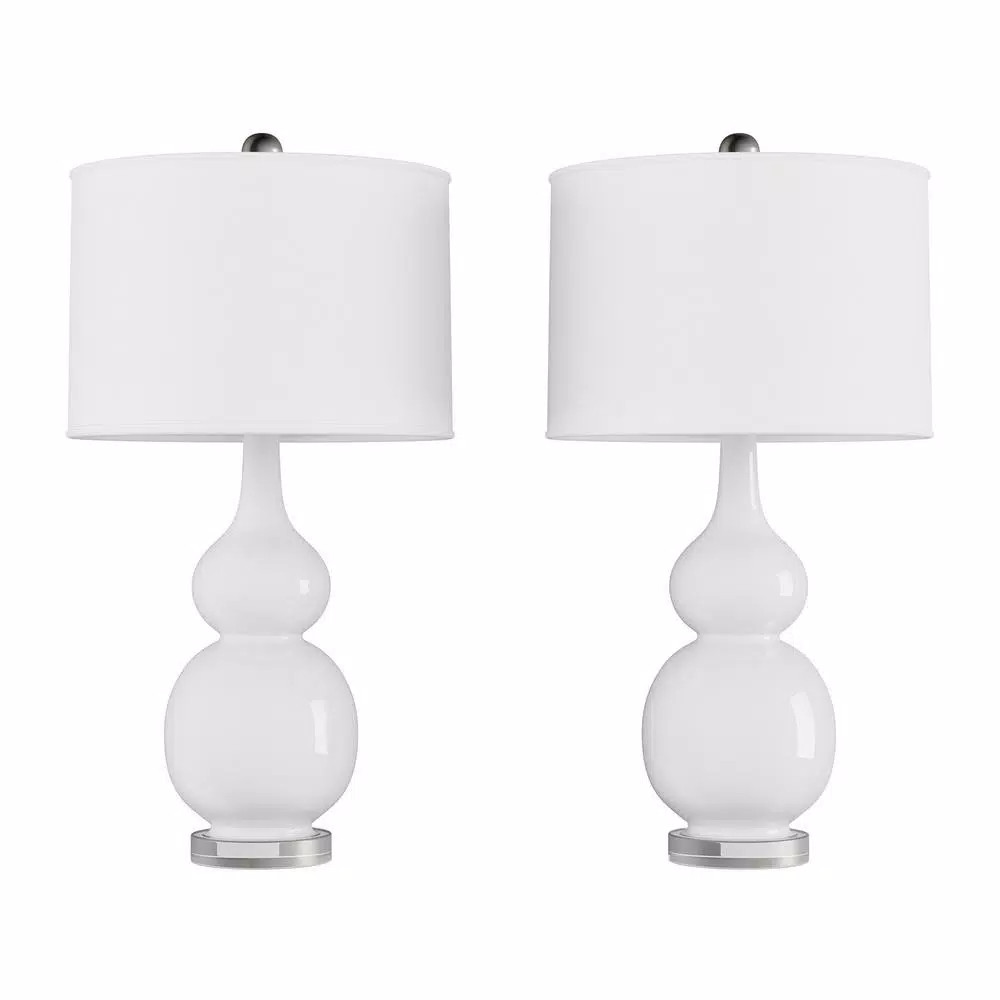 26.25 in. Double Gourd Ceramic Milky White LED Table Lamps with Ivory Shades (Set of 2) | The Home Depot