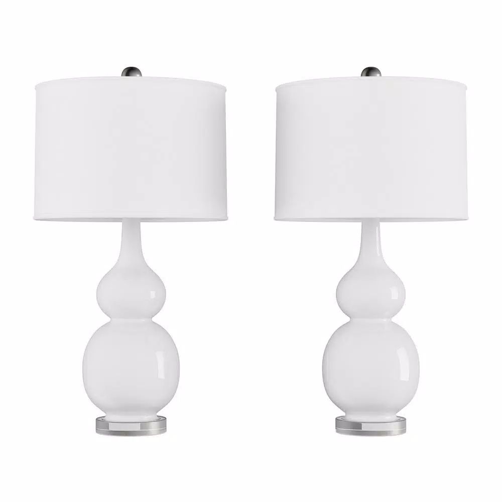 26.25 in. Double Gourd Ceramic Milky White LED Table Lamps with Ivory Shades (Set of 2) | The Home Depot