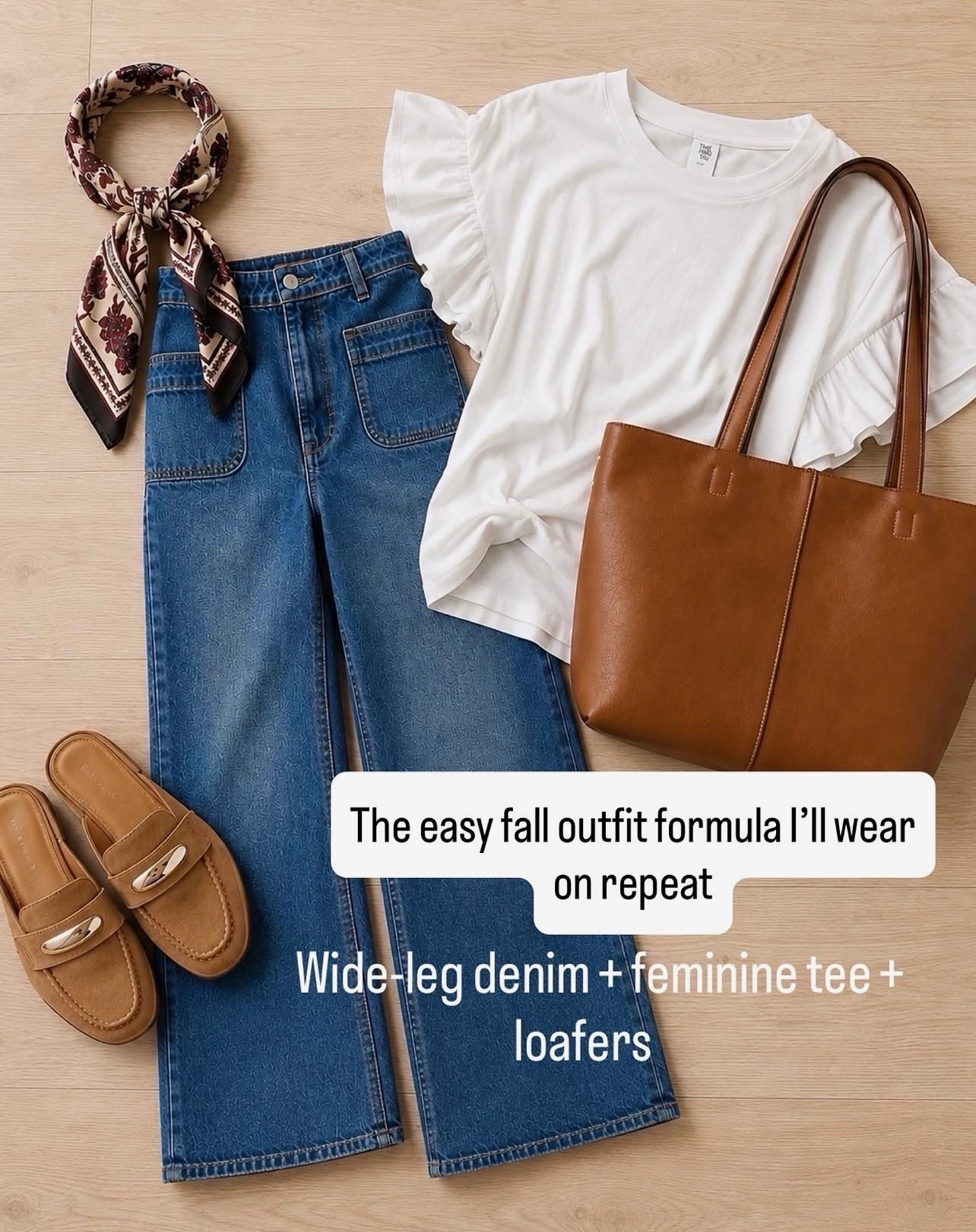 The easy fall outfit formula I will be wearing on repeat! 😍 Wide-leg denim, a feminine tee, and comfortable loafers make the absolute perfect everyday combination. Also tied a silk scarf to my tote to complete the look!

#LTKootd #LTKgrwm #LTKSeasonal