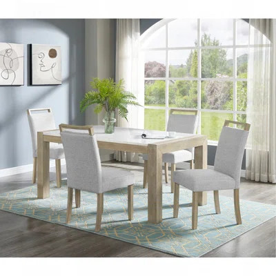 Dining Set Contemporary Style White Genuine Marble Stone Rectangular Full Back Upholstered Beige Gray Dining Room Wooden Furniture | Wayfair North America