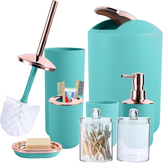 8-Piece Teal Bathroom Accessories Set - Trash Can, Soap Dispenser, Soap Dish, Toilet Brush, Tooth... | Amazon (US)