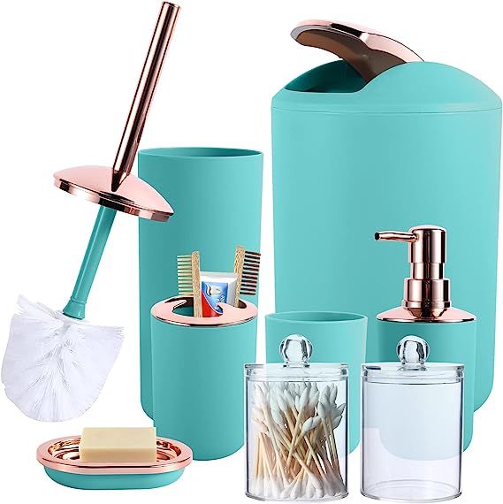 8-Piece Teal Bathroom Accessories Set - Trash Can, Soap Dispenser, Soap Dish, Toilet Brush, Tooth... | Amazon (US)