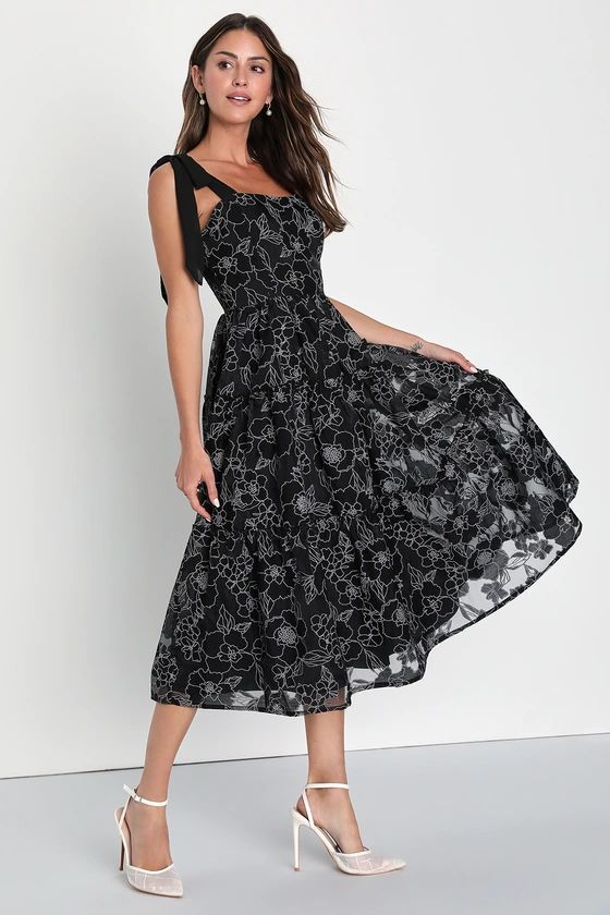 Proof of Perfection Black Floral Tiered Tie-Strap Midi Dress | Lulus (US)