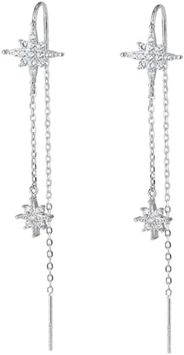 SLUYNZ 925 Sterling Silver Star Earrings Dangle Chain for Women Teen Girls Long Threader Earrings... | Amazon (US)