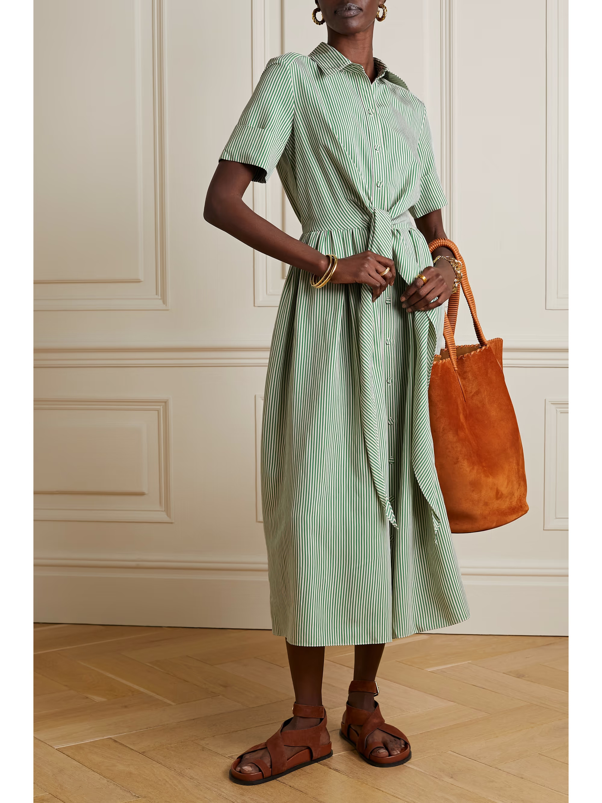 Attacher tie-front striped cotton-blend poplin midi shirt dress | NET-A-PORTER (US)