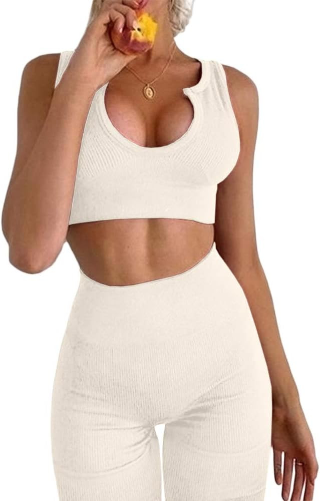 Workout Outfits for Women 2 Piece Ribbed Seamless Crop Tank High Waist Yoga Leggings Sets | Amazon (US)