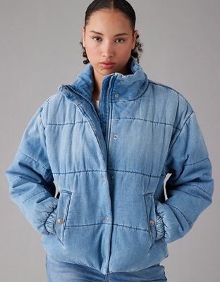 AE Denim Cropped Bomber Puffer Jacket | American Eagle Outfitters (US & CA)