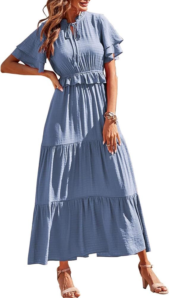 PRETTYGARDEN Women’s Bohemian Sleeveless Maxi Dress Square Neck Backless Boho Ruffle Hem Long D... | Amazon (US)