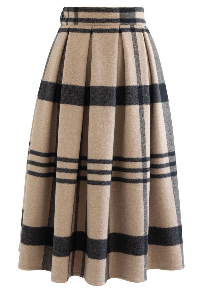 Grid Print Wool-Blend Pleated Midi Skirt | Chicwish