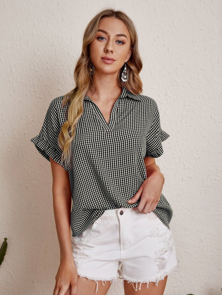 EMERY ROSE Notch Neck Gingham Blouse | SHEIN
