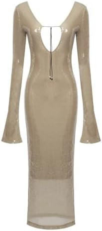 meilun Deep V Dress with Drawstring Long Sleeve Sequin Dress for Women Long Gown | Amazon (US)