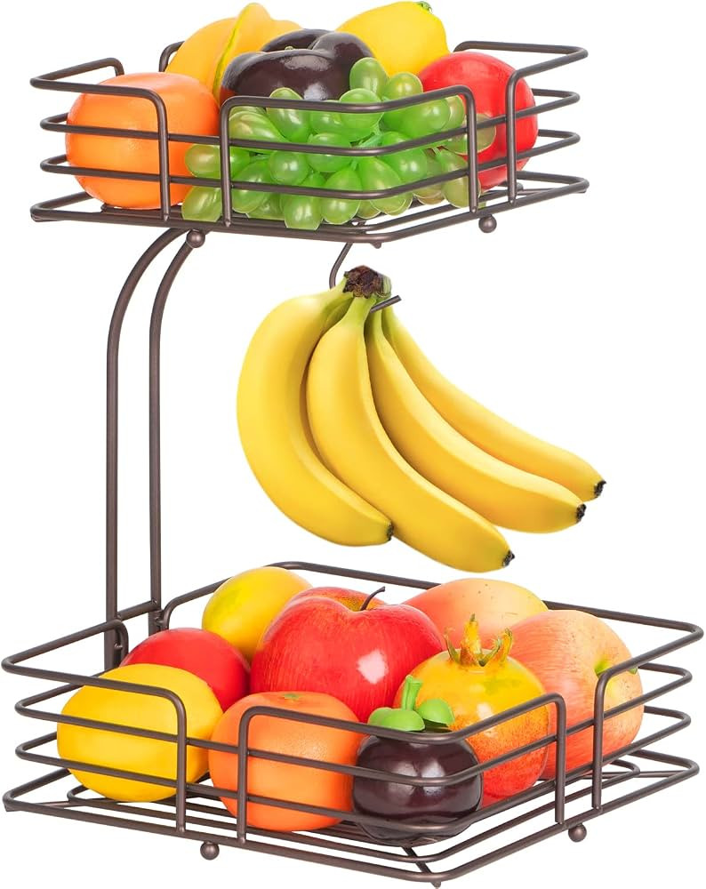 Kufutee 2 Tier Countertop Fruit Basket ,Vegetables Bowl Storage With Banana Hanger,Bronze | Amazon (US)