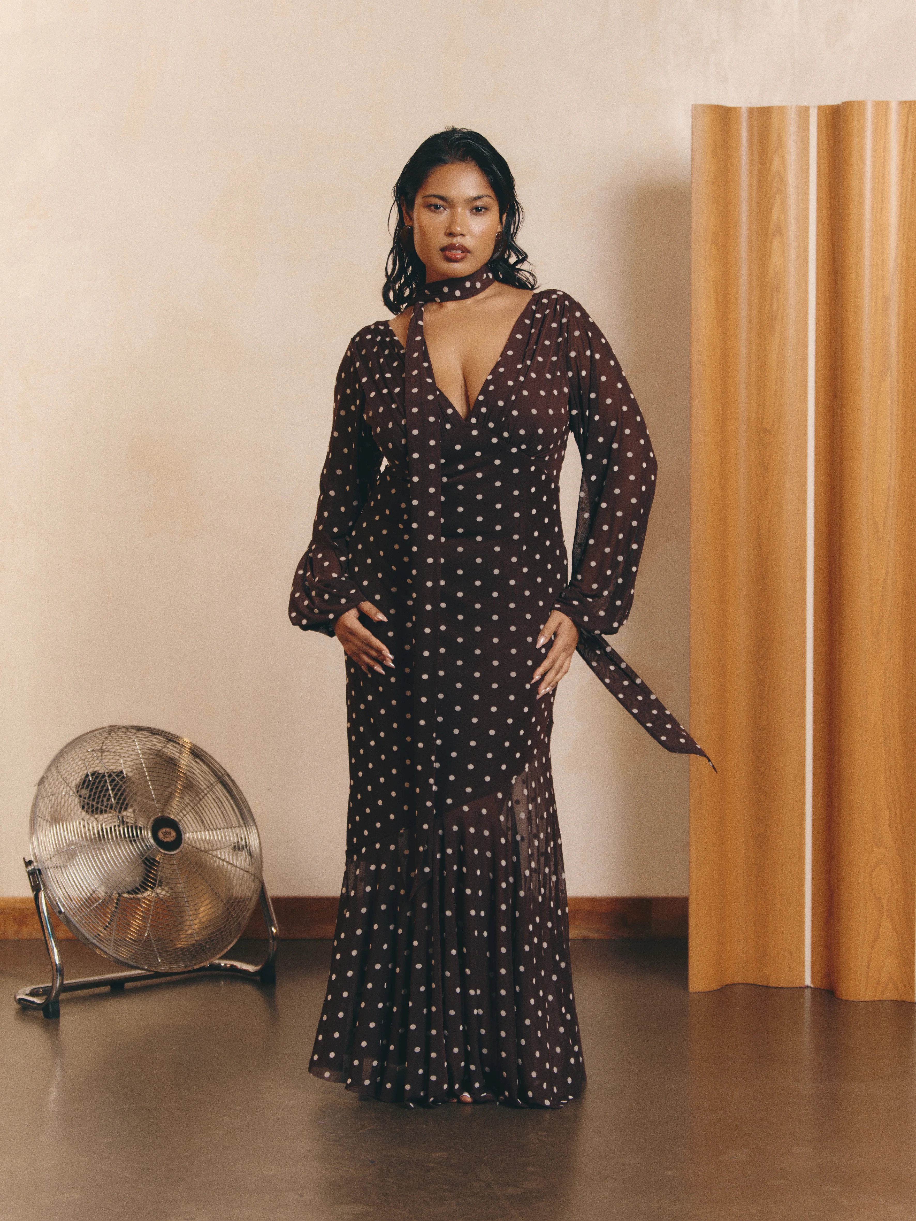Petula Scarf Mesh Maxi Dress - Brown and Cream Polkadot | Pretty Lavish (UK)