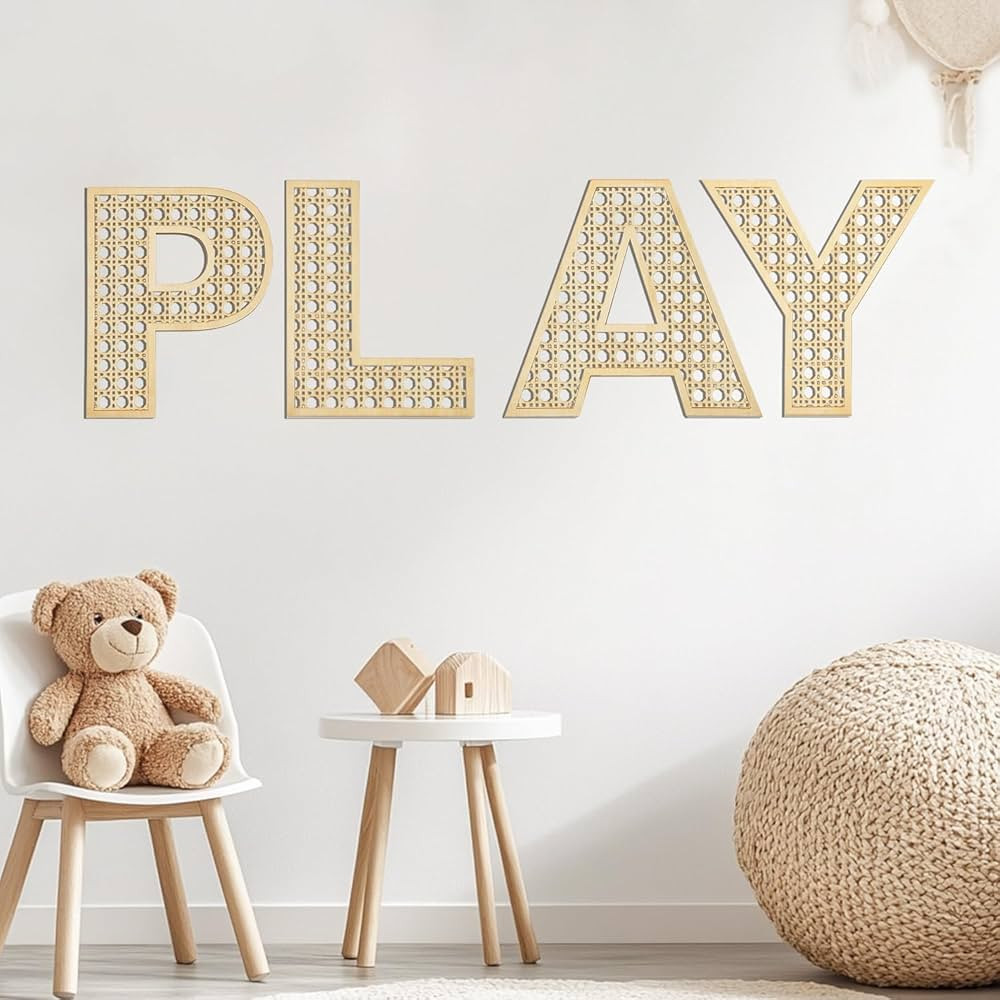 Play Sign for Playroom Wall Decor Wooden Playroom Sign 12 Inch Large Rattan Letters for Play Room... | Amazon (US)