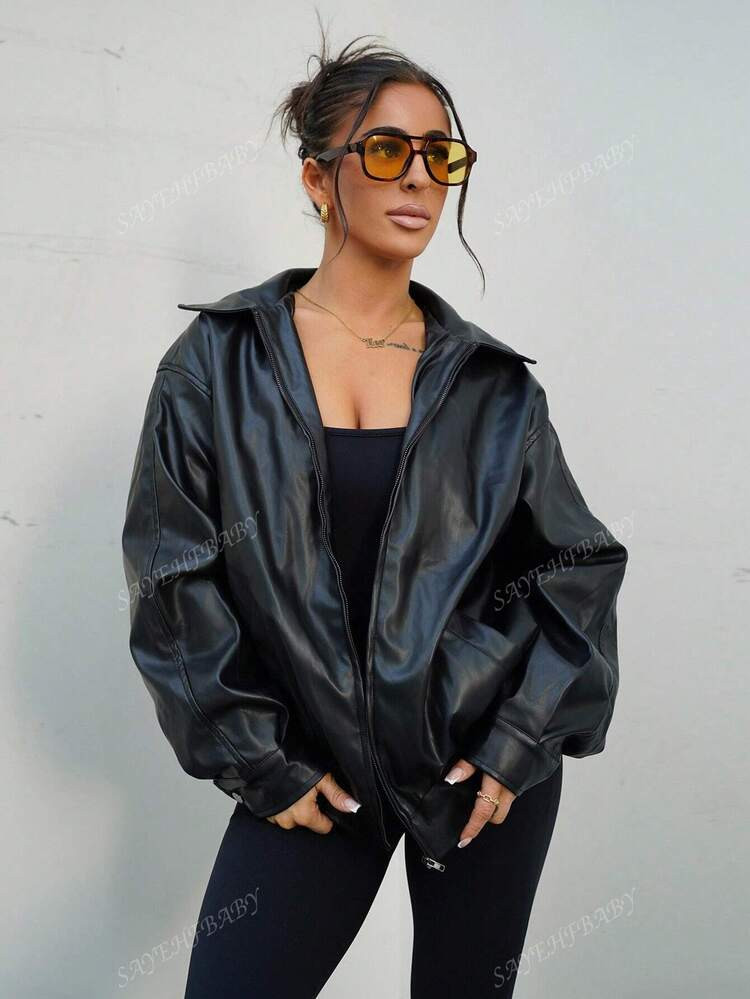SAYEHFBABY Drop Shoulder Zip Up Black PU Jacket In Fall/Winter | SHEIN