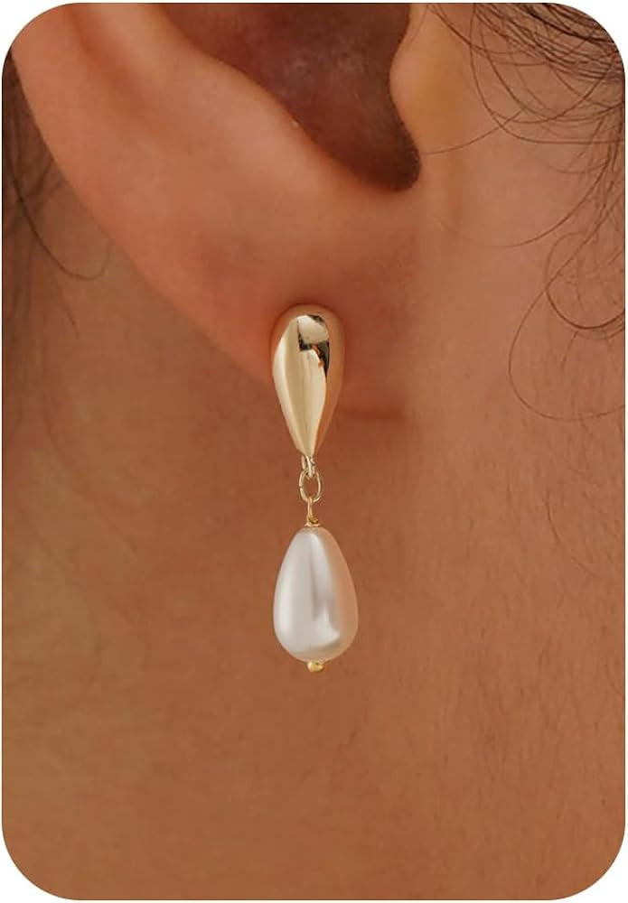 Pearl Earrings-14K Gold Plated Dainty Pearl Drop Simple Wedding CZ Dangle Dangling Cute Stud Earr... | Amazon (US)