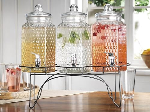 MosJos Drink Dispenser Set of 3 - Beverage Dispenser with Stand - Glass Drink Dispensers for Lemonade, Juice, Water, Iced Tea, Punch - 1-Gallon Countertop Party Drink Dispensers | Amazon (US)