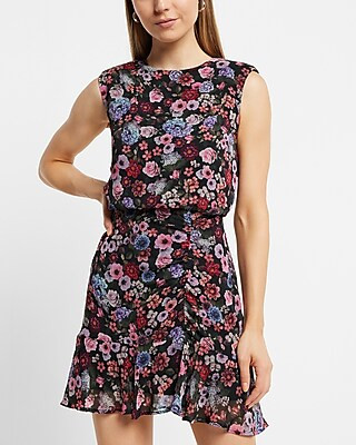 Floral Print Ruched Ruffle Hem Mini Dress | Express