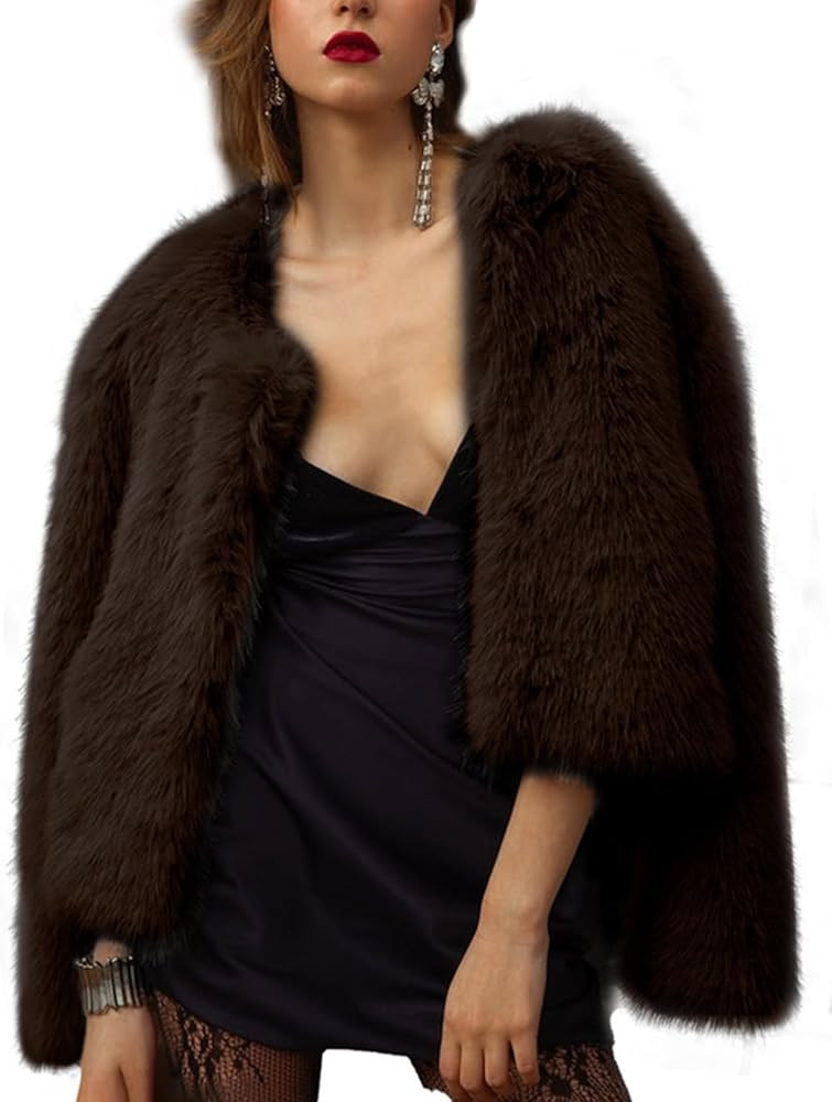 Shiyifa Women's Faux Fur Coat Long Sleeve Fleece Cropped Jacket Open Front Shaggy Warm Short Fall... | Amazon (US)