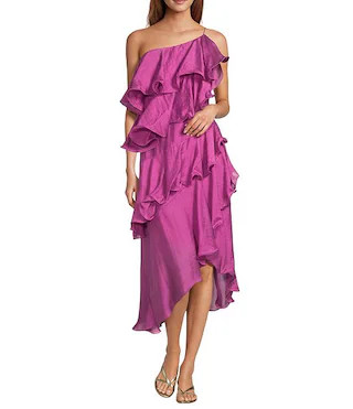 Matea One-Shoulder Sleeveless Asymmetric Tiered Midi Dress | Dillard's