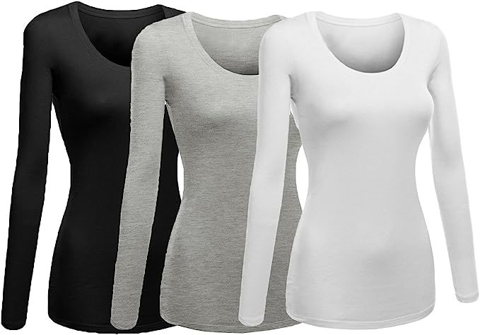 Emmalise Women's Junior and Plus Size Basic Scoop Neck Tshirt Long Sleeve Tee | Amazon (US)