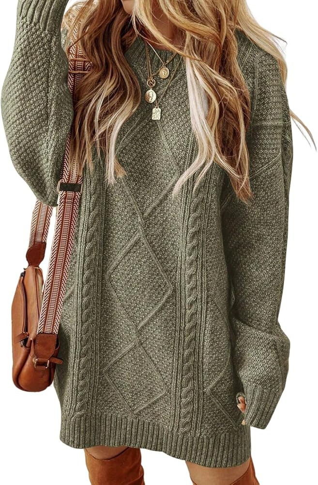 ZAFUL Women's Cable Knit Sweater Dress Long Sleeve Loose Crew Neck Pullover Tunic Mini Sweater Dr... | Amazon (US)