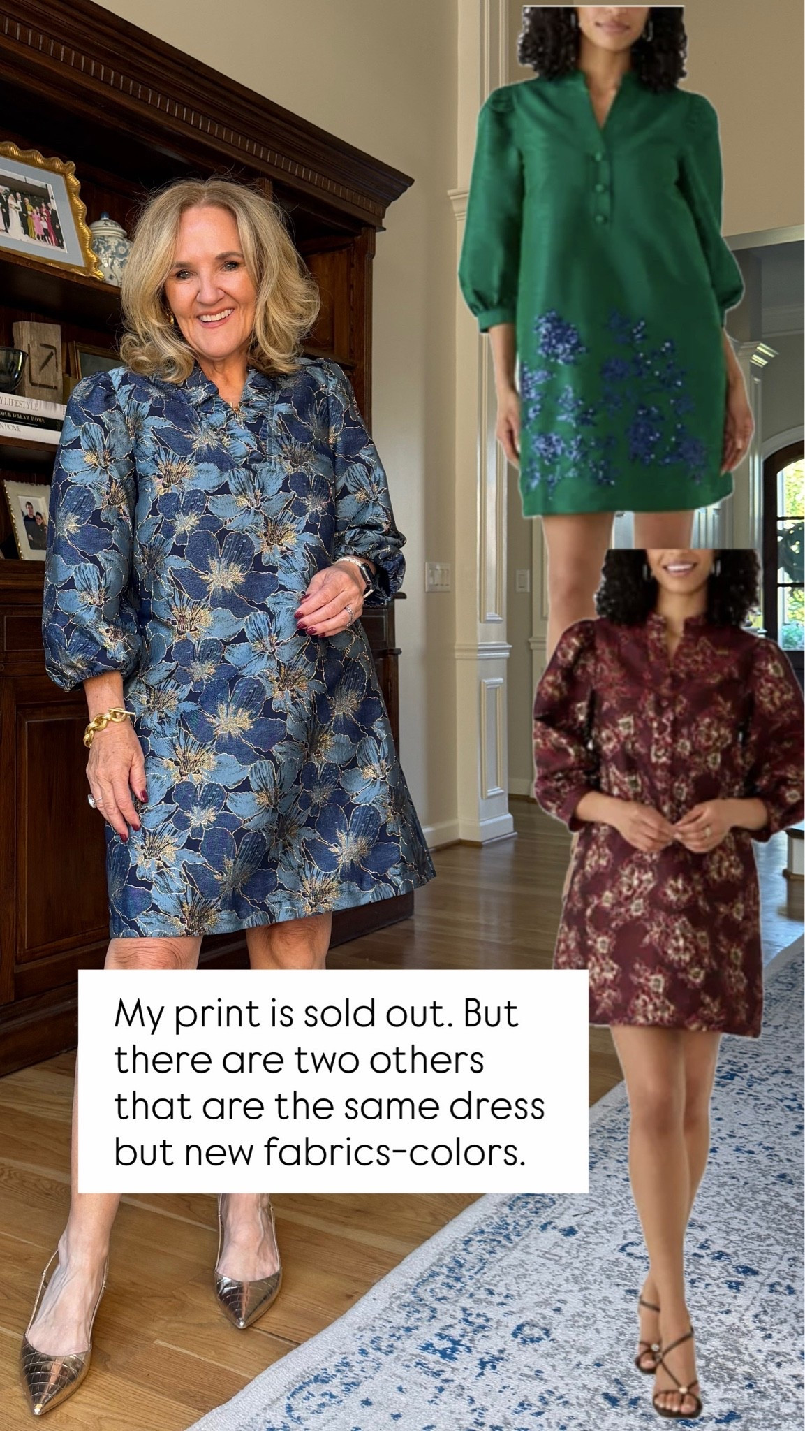 My blue dress is soldout but other colors avail. The green faux silk with beading or the fall floral. 
Also check out the holiday pieces that are arriving. Last year some sizes sold out before November!